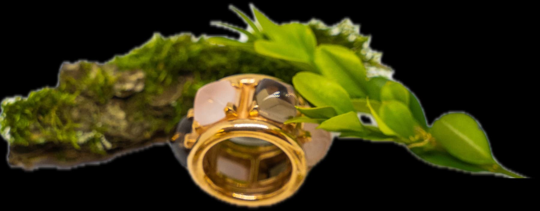 Roségold-Ring mit Rosenquarz und Rauchquarz, angelehnt an einen bemoosten Ast mit Buchszweig